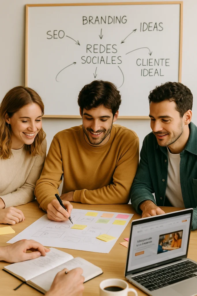 Miembros de Azor Digital trabajando juntos en la planificación de estrategias de branding, redes sociales y SEO para negocios locales.