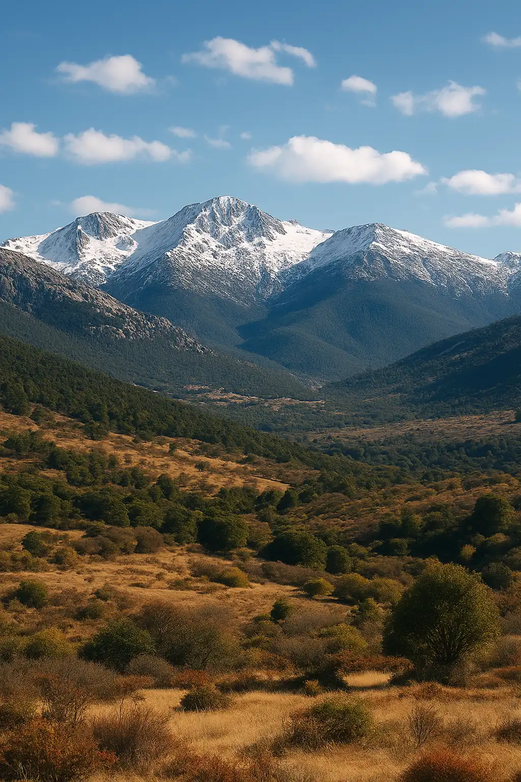 Paisaje de la sierra de Guadarrama con el cielo nublado, las montañas nevadas y el monte verde en la zona de Villalba.